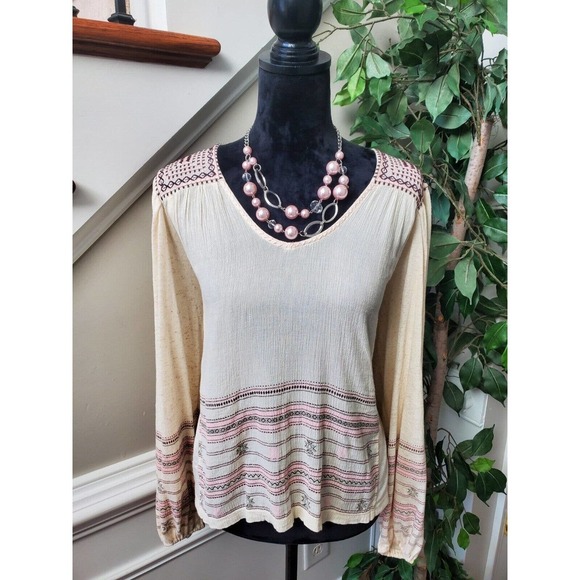 Lucky Brand Women Cream Polyester Round Neck Long Sleeve Pullover Blouse Size M - Picture 2 of 11